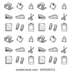set of office stationery isolated on white background. clip, paperclip, memo, pile of paper, document, scissor. hand drawn vector. office clipart. doodle art for logo, label, sticker, poster, banner,