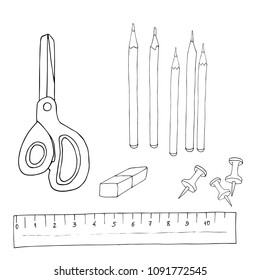 Set of office stationery - scissors, crayons. ruler, eraser, pin pushes. Hand drawn sketch, Black and white vector illustration.