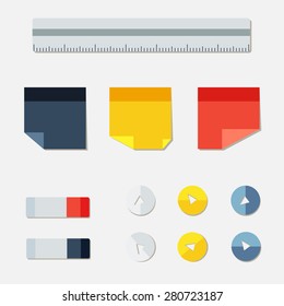 Set of office stickers, eraser, buttons and ruler. Vector illustration