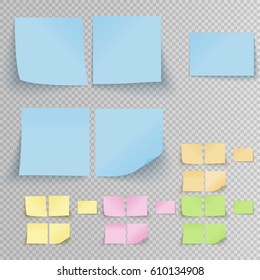 Set of office sticky stickers with shadow isolated on a transparent background. Vector multicolor post notes template.