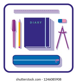 Set for office and study. Set in which there is: a diary, Lenika, a circle, an eraser, a pencil. Diary for everyday entries. Set for school.