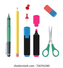 Set of office suplies, vector file collection: pen pencil highlighter markers eraser push-pins and scissors. Isolated on white background
