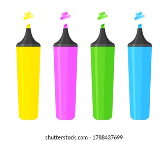 Set of office supplies colorful highlighters. Classic school markers with highlighted strokes. Artist pencils isolated on white background. Vector illustration in a trendy flat style.