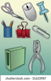 A set of office supplies done in a hand drawn style. Some linear gradients used. Line art is separate from fill, very easy to change colors. Each item is grouped on its own layer.