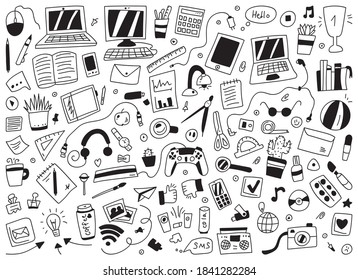 A set of office supplies. Doodle. Sketch. Vector illustration on a white background