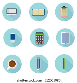 set of Office supplies flat color icons