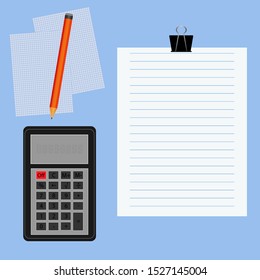 Set office supplies. Notepad paper, clip, pencil and calculator. Mockup for your projects.
