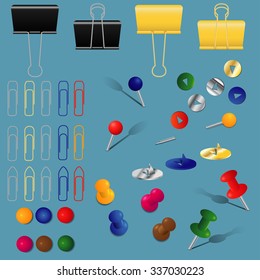 A set of office supplies, paper clips, binders and pins, different colors and forms, vector