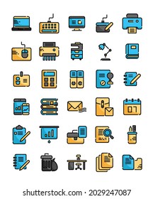 conjunto de útiles de oficina herramientas de trabajo iconos de contorno rellenos ilustración vectorial