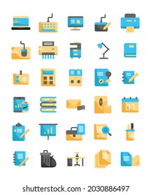 set of office supplies tools working flat icons vector illustration