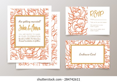 Set of office supplies for weddings and bachelorette party invitation, thank you cards, rsvp in classic vintage style. Roses, drawn in ink and gold.