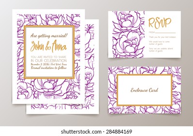 A set of office supplies for weddings and bachelorette party invitation, thank you cards, rsvp in classic vintage style. Roses, drawn in ink and gold.