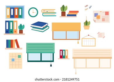 Set of office supplies, windows blinds, plants and wall clock. Flat vector illustration