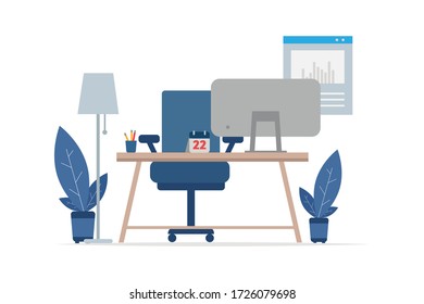 Set office table with computer and bar graph monitor. vector flat illustration. 