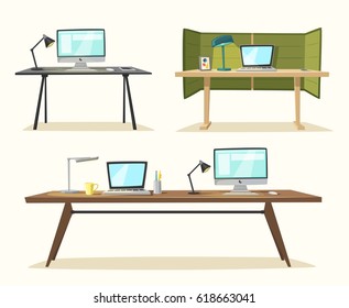 Set of office tables. Cartoon vector illustration.