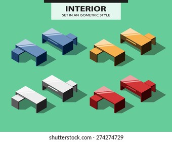 Set of office tables in isometric style. Vector