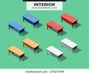 Set of office tables in isometric style. Vector