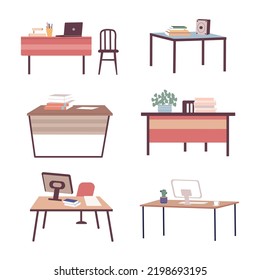 Set of office tables and study tables. Cartoon vector illustration.