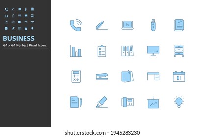 set of office thin line icons perfect pixel 64x64, business, company