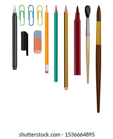 A set of office tools. Pencils and notebooks.
Notebooks and diaries, pencils and pens, felt-tip pens. Vector illustration. Paper clips, rubber and tassels.