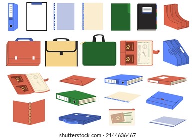Set with Office tools. Stationery for working with documents. Folders, files, bags, storage systems. Front or isometry view. Clip art isolated elements. Flat style in vector illustration.