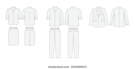 set of office uniform, work wear, business outfit, men and women fashion, flat design, vector illustration mockup design