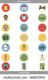 Set of School and Office Vector Flat Icons in round forms. Contains such Icons as school building, bell, alarm clock, certificate, paper clip, pen, pencil, ruler, triangle ruler, compasses and more