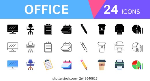 Set of office web icons in modern style. Design symbols of desktop computers, office chairs, clipboards, calendars and more.