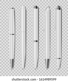 Set of office white pens isolated on transparent background. Office stationery, realistic pen. Vector illustration