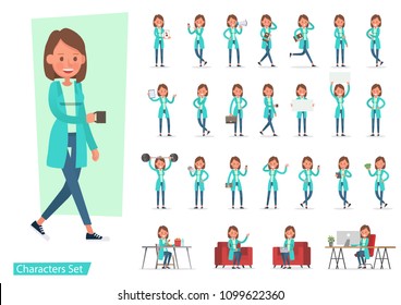 Set of office woman character vector design. Presentation in various action with emotions, running, standing, walking and working.