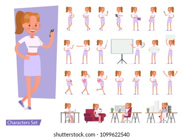 Set of office woman character vector design. Presentation in various action with emotions, running, standing, walking and working.