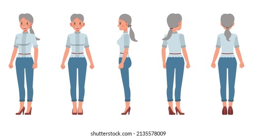 Set of office woman character vector design. Presentation in various action. People working in office planning, thinking and economic analysis.