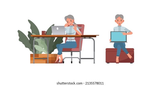 Set of office woman character vector design. Presentation in various action. People working in office planning, thinking and economic analysis.