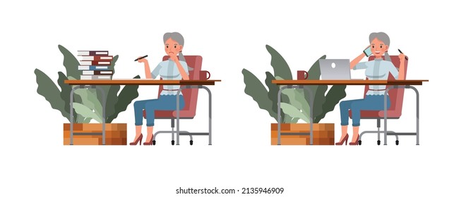 Set of office woman character vector design. Presentation in various action. People working in office planning, thinking and economic analysis.