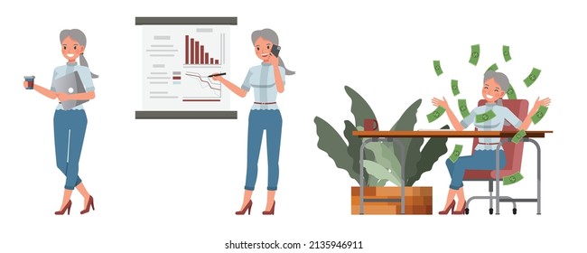 Set of office woman character vector design. Presentation in various action. People working in office planning, thinking and economic analysis.