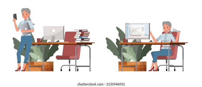 Set of office woman character vector design. Presentation in various action. People working in office planning, thinking and economic analysis.