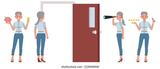 Set of office woman character vector design. Presentation in various action. People working in office planning, thinking and economic analysis.