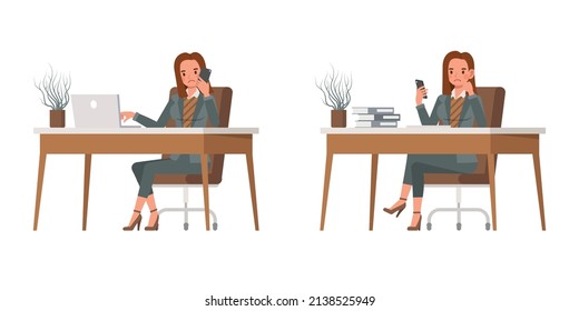 Set of office woman wear green suit character vector design. Presentation in various action. People working in office planning, thinking and economic analysis.