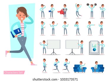 Set of office woman worker character vector design. Presentation in various action with emotions, running, standing, walking and working.