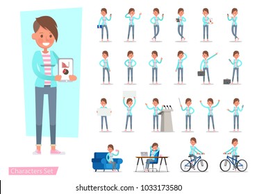 Set of office woman worker character vector design. Presentation in various action with emotions, running, standing, walking and working.