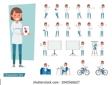 Set of office woman worker character vector design. Presentation in various action with emotions, running, standing, walking and working.