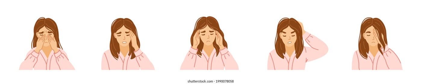 Set of office women suffering from different types of headache, migraine, tension, pain, stress. Hand-drawn portraits. Vector characters. 