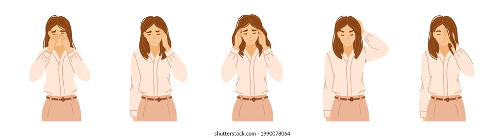 Set of office women suffering from pain, pressing hands to the throbbing areas of her head. Types of headaches. Cluster, sinus, tension and stress, hypertension, chronic migraine, allergy. 