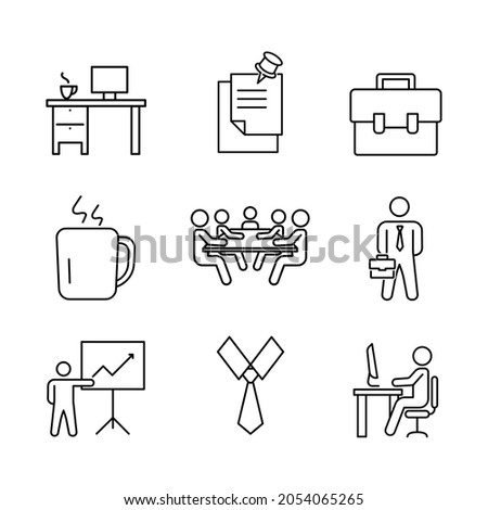 Set of office work icons. Flat business pictograms for web. Line stroke. Simple symbol isolated on white background. Outline vector eps10