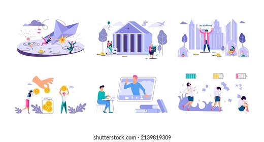Set of office work, teamwork, Hiring employees, Mental rehabilitation electronic news, voting, Mobile banking, donation of money and volunteering concepts. Flat Art Vector Illustration.