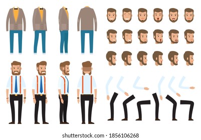 Set of office worker or businessman. Dresscode constructor, different faces, emotions, parts of body, hands, legs. Guy front view, side view, back view. Stylish costume in blue and yellow colors