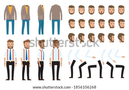 Set of office worker or businessman. Dresscode constructor, different faces, emotions, parts of body, hands, legs. Guy front view, side view, back view. Stylish costume in blue and yellow colors