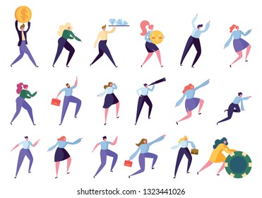 Set Office Worker Reach Goal Isolated Collection. Different Gesture Employee Team Strives for Results to Achieve Success. Business Worker Leader Manager Flat Cartoon Vector Illustration