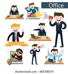 set office, office worker , a thief online , online shopping , angry boss , the director yells through a megaphone , the best worker, vector graphics