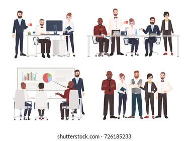 Set of office workers dressed in business clothing in different situations - working at computer, conducting negotiation, making presentation. Flat colored cartoon characters. Vector illustration.